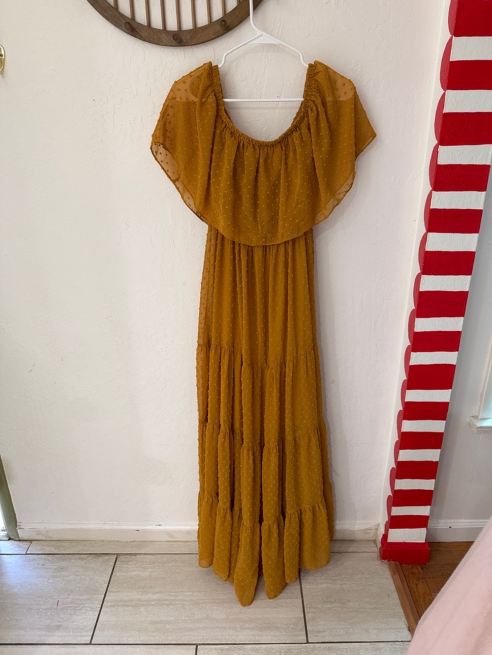 Baltic Born Golden Yellow Sheer Swiss Dot Maxi Tiered Off Shoulder Dress Small - Picture 2 of 4